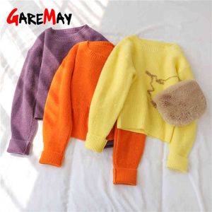 Outono inverno malha camisola mulheres básicas envergonhamento jumper laranja menina coreana curta quente bonito s para 210428