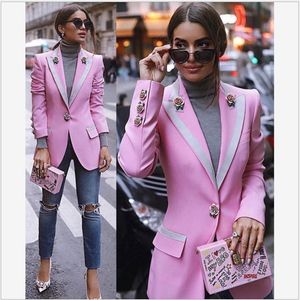 Blazer rosa da donna di design originale di alta qualità, giacca slim, bottoni rosa, cappotto, fodera con stampa, blazer che mescolano capispalla