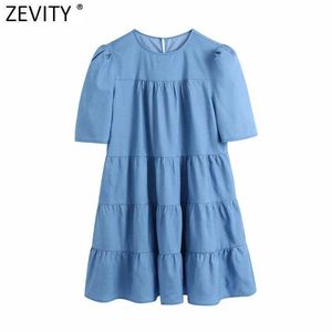 Zevity Women Vintage O Neck Solid Pleats Denim Casual Kimono Dress Female Chic Puff Sleeve Retro Straight Vestido DS5067 210603