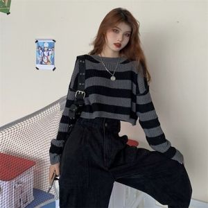 Hong Kong style retro wear short coat high waist western striped sweater women spring, autumn and winter hedging laziness 211011