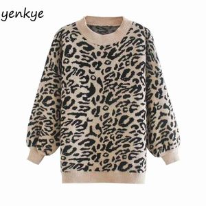 Mode Kvinnor Vintage Leopard Sweater Kvinna Lantern Sleeve O Neck Casual Pullover Höst Tröjor Plus Size Jumper Tops 210514
