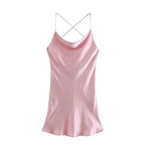 Pseewe Za Dress Women Pink Satin Short Es Summer Woman 2021 Backless Spaghetti Strap Sexy Es Ladies Club Night Y0823