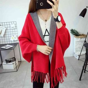 Spring And Autumn Mid-length Hooded Cape Shawl Sweater Fringed Jacket Women's Bat Shirt 210427