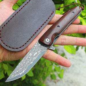 Promocja Damasces Flipper Składany Knife VG10 Damaszek Stalowy Drop Point Blade Ebony + Stale Arkusz Uchwyt Kulkowy Łożysko Szybkie Otwarte Noże