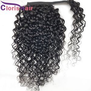 Water Wave Human Hair Human Roottail Extensions Clips # 1B Raw Virgin Indian Wet e Wrap Wrap em torno de rabo de cavalo piece para mulheres negras