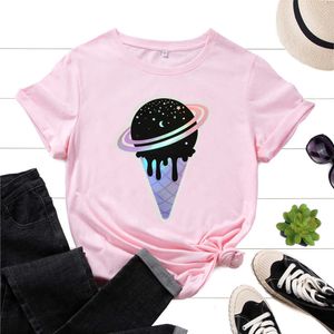 Baumwoll-T-Shirts für Damen, grafische T-Shirts, bedrucktes Hemd, kurzärmelig, Sommer-Tops, Freizeitkleidung, Eiscreme, Planet, Galaxie, Sterne, Mond, Y0621