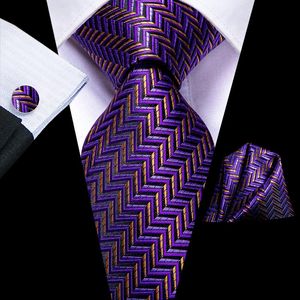 Bow Ties Hi-Tie Purple Gold Striped Silk Wedding Tie For Men Handky Cufflink Set Fashion Designer Gift Necktie Business Party
