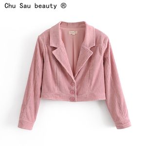autumn fashion casual pink cute slim women vintage corduroy short long sleeve blazers crop tops 210514
