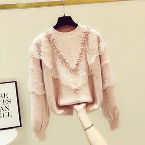 Camisolas femininas da indústria pesada com miçangas de renda e babados malha top 2021 primavera outono solto manga longa suéter roxo