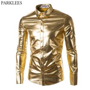 Noite Club desgaste Mens Vestido Camisas Slim Fit Gold Shiny Revestido Metálico Camisa Metálica Botão de Manga Longa Botão Para Down Camisa Para Disco Party 210708