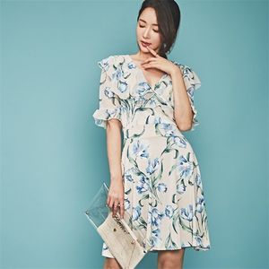 Elegante impressão mini vestido coreano senhoras sexy cabaret festa v neck A linha vestidos para as mulheres 210602