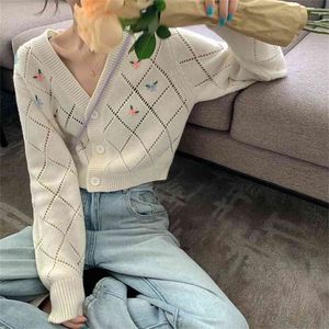 Krótki styl Spring College Flower Print Druk Dzianiny Loose Retro V-Neck Cute Light Green Sweter Cardigan Bluzka 210922