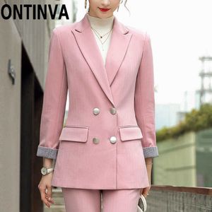 Två bit kontorsarbete bär blazer kostymer för kvinnor rosa svart beige färg plus storlek 3xl 4xl jacka blaserrockar elegant kvinna 210527