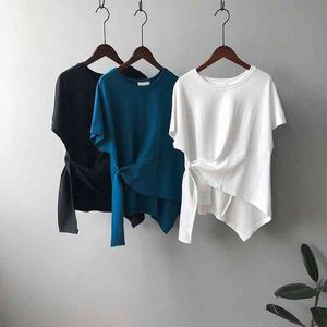 原宿Tシャツレディース夏の韓国風固体カジュアル緩い白い包帯非対称ティーシャツ青い半袖女性210514