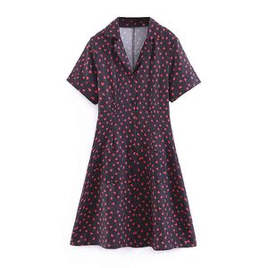 Escritório Lady Chique Vintage Pêssego Coração Impressão Única Breasted Midi Dress Mulheres Casual Casual Férias Mini Vestidos Vestidos Mujer 210508