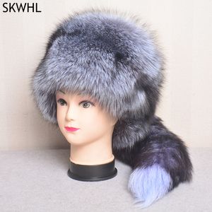 Real Fox Fur Kapelusze Dla Kobiet Winter Modne Stylowe Rosyjski Gruby Gruby Czapka Kapelusz Naturalny puszysty z bombowcem ogonem