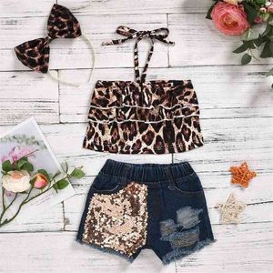 Sommarbarnkläder Toddler Spädbarn Baby Girl Halter Leopard Sling Topps Sequin Denim Hole Shorts Headband Outfit Set 210528