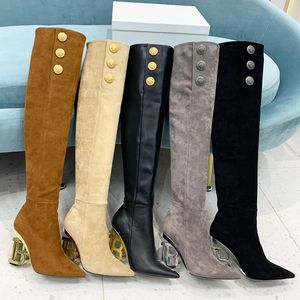 Botas femininas 2021 inverno novo designer sexy overknee salto alto de metal elástico meia bota longa preta coxa deslizamento no tornozelo