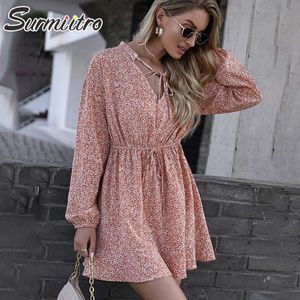 到着のためのSurmiitro夏の女性のドレスのための花柄の長袖チュニックサンドレスビーチパーティーサンミニドレス女性210712