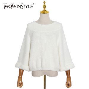 Свободные белые вязаные пуловеры для женщин Slash шеи с длинным рукавом повседневный свитер падение мода 210524