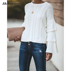 Women's Sweaters Long Sleeve Pleats Loose Round Neck Streetwear White Women Knitted Sweater Fashion Pure Color Thick Flare Thermal Pullovers