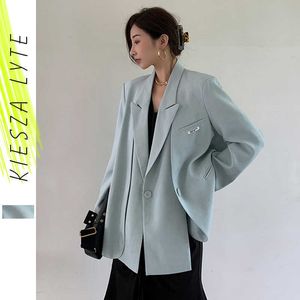 Kobiety Blazers Kurtki Jesień Styl Nisze Chic Blue Suit Fałszywy Dwuczęściowy Luźny Minimalistyczny Blazer Feminino Coats 210608