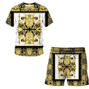 Ny sommar 2021 Mäns kostym Kortärmad High End Brands 3D Luxury Printing O-Neck Hip Hop T-shirt + Shorts 2-Piece Set Streetwear X0909