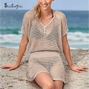 Knitted Beach Sarong Tunic Hollow out Swim suit Cover up White Pareo Bathing cover s wear 210722