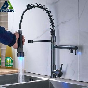 LED Light Black Bronze Dual Spout Kitchen Faucet Single Handle Spring Pull Down Water Taps for Kitchen Handheld Kitchen Sprayer 211108