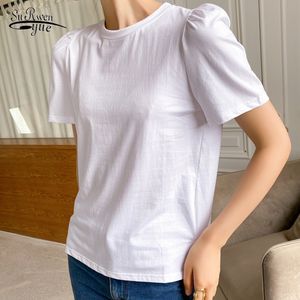 Korean Puff Sleeve Women Summer T-shirt Simple Solid White Purple Tops Cotton Tshirt for Tee Shirts Clothes 10090 210521