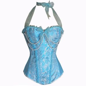 Bustiers Gorsety Seksowne Damskie Jasne Niebieskie Kalter Koronki Corset Waist Trener Body Shapewear Frezowanie Bustier Cincher Pearl Corslet