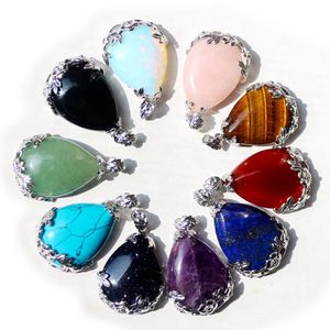 Natürliche Gemstong Angel's Tears Form Pflaumenblüte Frauen Anhänger Wassertropfenförmiger Stein Reiki Halskette Amethyst Rosenquarz Obsidian Heilkristall Schmuck