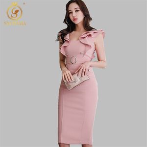 Arrivo Estate Rosa Corea Abito Donna Ruffle Button Slim Strap Split Abiti Vestidos 210520