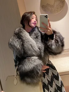 OFTBUY New Winter Jacket Women Belt Coat Natural Real Silver Fox Fur Collar Black White Plaid Loose Warm Fashion Streetwear