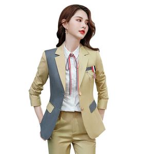 最新の韓国のデザインの女性のパンツのスーツのスーツのカレッジスタイルのジャケットブレザーとズボンの2ピースセットの先生の仕事を着用する210930