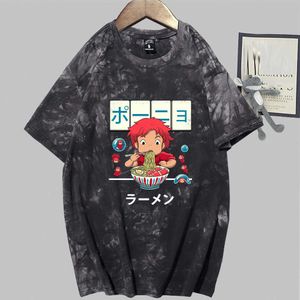 Ramen Sevimli Anime Kısa Kollu O-Boyun Kravat Boya Rahat Gevşek Uniex T-shirt Y0809