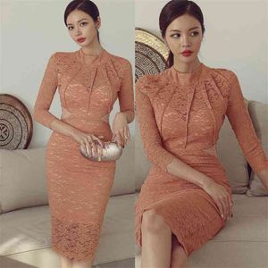 Orange Sexig Tight Lace Korean Ladies Långärmad Stand Club Office Night Bodycon Party Dress för Kina Kläder 210602