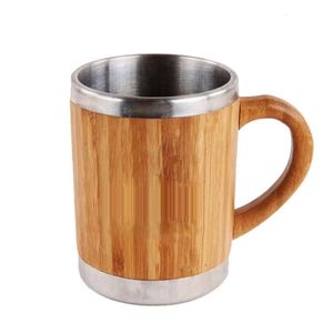 Stainless Steel Bamboo Coffee Mugs with Handle and Lids Camping Milk Mug Eco Friendly Insulated Coffees Tea Travel Cup SN5263