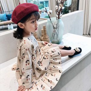 Bawełna Cute Cherry Drukowane Długim Rękawem Princess Sukienki Dla Dziewczyn Dzieci Dzieci Luźna Dresna Dress Wiosna Q0716