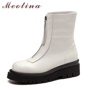 Meotina Women Short Boots Shoes Genuine Leather Platform High Heel Ankle Boots Zip Block Heels Boots Female Autumn Winter White 210520
