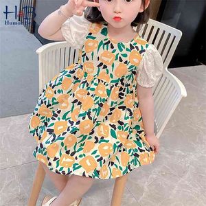 Dziewczyny Sukienka Summer Puff-Sleeve Floarl Drukowane Koronki Patchwork Cute Pricess Toddler Dzieci Ubrania 210611