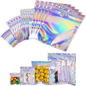 Resealable Plastic Retail Packaging Bags Holographic Aluminum Foil Pouch Smell Proof Bag for Food Storage with Hanging Hole