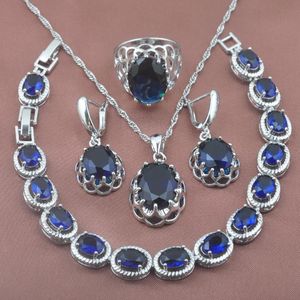 Küpe Kolye Gümüş Renk Mavi Zirkonya Takı Setleri Kristal Düğün Mücevherat Bilezikler Kolye Kolye Yüzükler YZ0165