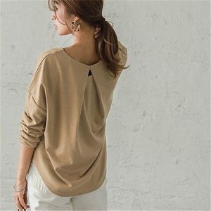 Högkvalitativa mjuka grundläggande kvinnor Minimalistiska kvinnliga Streetwear Bomull Solid Full Sleeves Chic T-Shirts 210525
