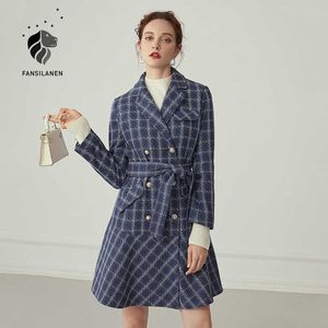 Fansilanen lã mistura azul xadrez blazer vestido mulheres elegante outono inverno escritório cinto vintage magro curto mini 210607