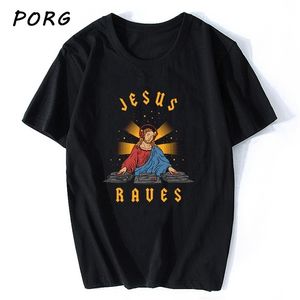Jezus Raves Print Casual Mens T Shirts Fashion Harajuku Custom T-shirt Krótki rękaw Tshirt Punk Reversized 'S 210706