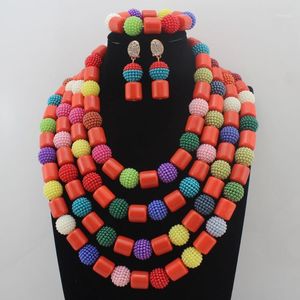 Örhängen Halsband Smycken Satser Afrikanska Orange Konstgjorda Korallpärlor Set Nigerian Färgglada Bröllop W13693