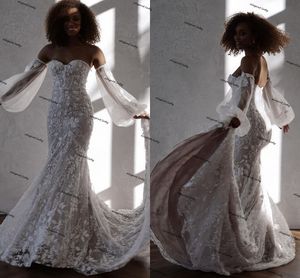 Abiti da sposa a sirena floreale in pizzo 3D con maniche a sbuffo staccabili Abiti da sposa sexy da spiaggia country boho