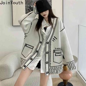 Joinyouth Mode Pullover Herbst 202 Frauen Kleidung Vintage Weiß Gestrickte Strickjacke Mantel V-ausschnitt Lose Koreanische Sueter Jacke Weibliche 210806