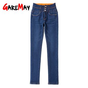 Knöpfe für Jeans Frauen Hohe Taille Elastische Dünne Schwarz Blau Winter Warme Knöchel Samt Weibliche Denim Hosen Plus Größe 210428